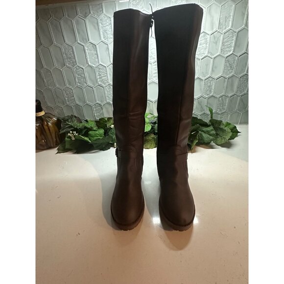 Brown Knee-High Boots With Buckle & Side Zipper - Picture 1 of 12